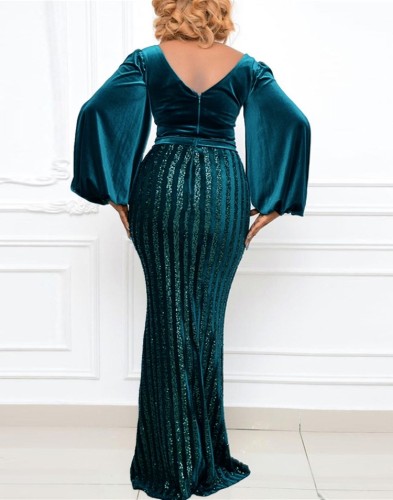 Plus Size Green Velvet Sequins V-Neck Puff Long Sleeve Slit Maxi Dress