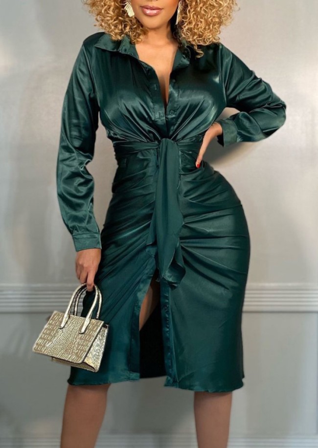 Green Silk Button Open Long Sleeves Mini Dress with Belt
