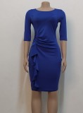 Blue O-Neck Half Sleeve Ruffled Sheath Midi Office Dress