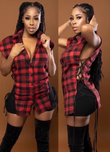Plaid Lace Up Cut Out Button Sleevess Blouse