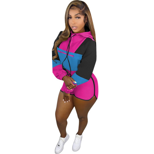 Hot Pink Color Block Sexy Casual Crop Top and Shorts Set