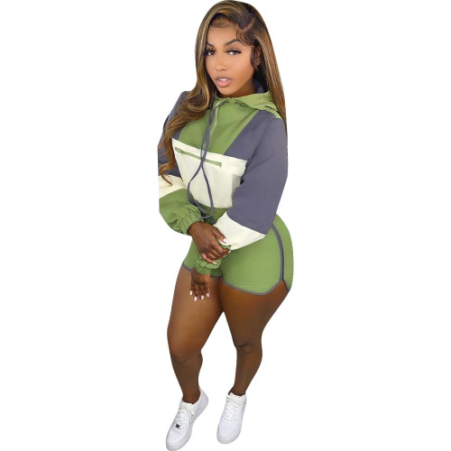 Green Color Block Sexy Casual Crop Top and Shorts Set
