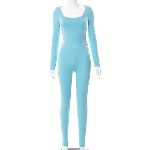 Blue Square Neck Long Sleeve Bodysuit and Pants 2PCS Set