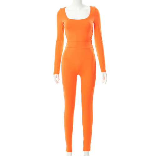 Orange Square Neck Long Sleeve Bodysuit and Pants 2PCS Set