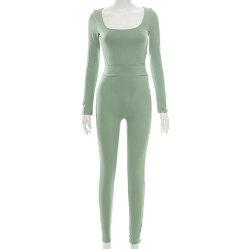 Mint Green Square Neck Long Sleeve Bodysuit and Pants 2PCS Set