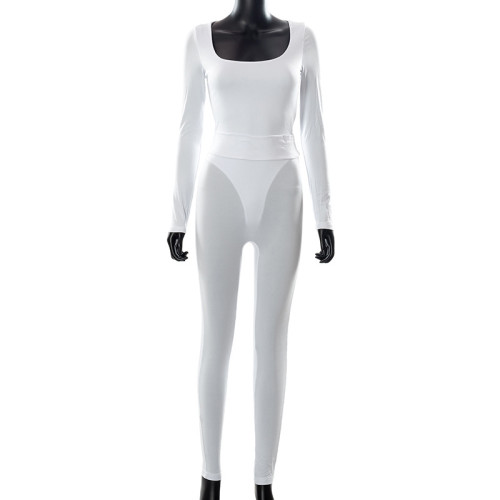 White Square Neck Long Sleeve Bodysuit and Pants 2PCS Set
