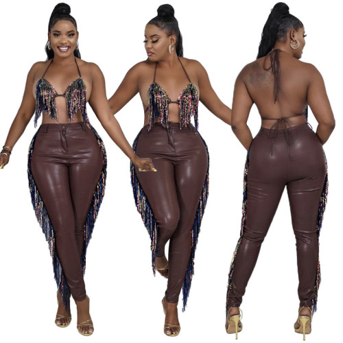 Tassel Bra and PU Leather Pants Two Piece Set