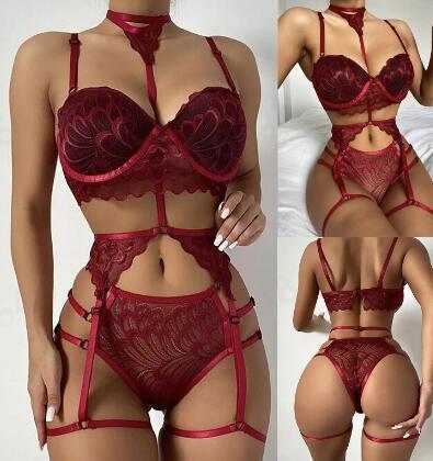 Floral Mesh Halter Bra And Panty Galter Lingerie 3PCS Set