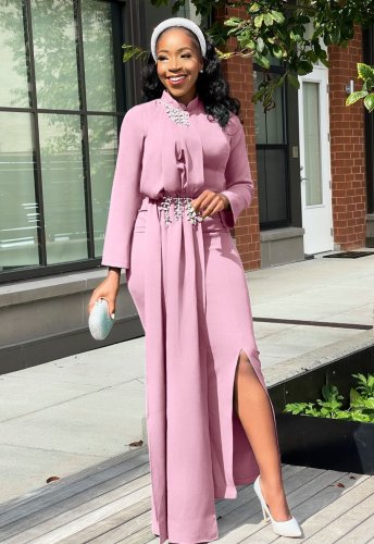 Plus Size Pink Irregular Long Slit Evening Dress