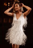 White V-Neck Sleeveless Tassel Mini Dance Dress