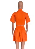 Orange Short Sleeve Crop Top and High Waist Pleated Skirt 2PCS Set
