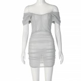 Silver Translucent Off Sholder Short Sleeve Ruched Mini Dress
