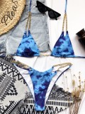 Blue Tie Dye Metal Chains Cami Halter Bikini Two Piece Set