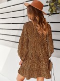 Brown Leopard Print Puff Long Sleeve Loose Mini Dress