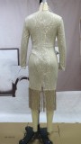 Golden Sequins O-Neck Long Sleeve Fringe Mermaid Maxi Dress