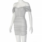 Silver Translucent Off Sholder Short Sleeve Ruched Mini Dress
