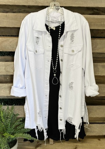White Ripped Button Open Long Sleeves Denim Blouse