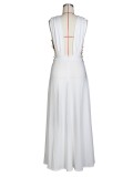 White Applique Plunge Neck Sleeveless High Slit Maxi Dress