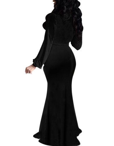 Black V-Neck Long Sleeve Slinky Mermaid Maxi Dress