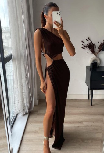 Brown One Shoulder Metal-Ring Cut Out Side Slit Long Dress