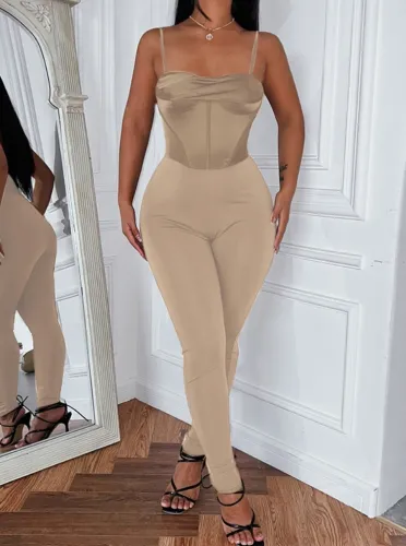 Beige Cami Bustier Bodysuit and High Waist Pants 2PCS Set