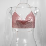 Shiny Pink Metal Chain Backless NightTube Crop Top