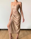 Shiny Gold Side Slit Cami Elegant Long Dress