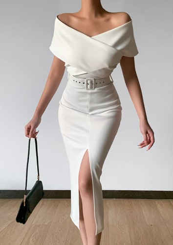 White Off Shoulder Short Sleeve Front Slit Dress with Belt
