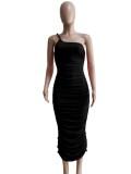 Black Single Shoulder Sleeveless Ruched Maxi Dress