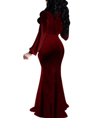 Wine V-Neck Long Sleeve Slinky Mermaid Maxi Dress