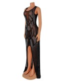 Black Beaded See Through O-Neck Sleeveless Split Mermaid Maxi Dress