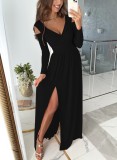 Black Long Sleeves V-Neck Split Long Tunic Dress