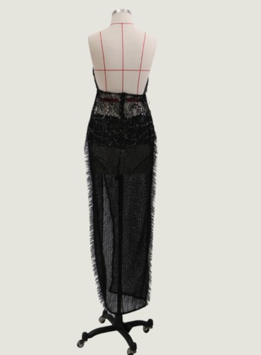 Black Mesh Strapless Irregular Tassels High Slit Maxi Dress