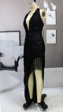 Black Sequins Plunge Neck Sleeveless Halter Irregular Fringe Dress