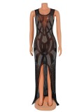 Black Beaded See Through O-Neck Sleeveless Split Mermaid Maxi Dress