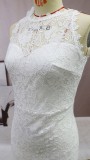White Overall Lace O-Neck Sleeveless Slit Long Wedding Dress
