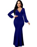 Blue V-Neck Long Sleeve Slinky Mermaid Maxi Dress