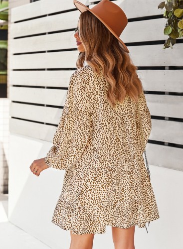 Khaki Leopard Print Puff Long Sleeve Loose Mini Dress