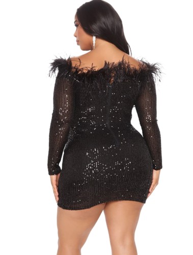 Plus Size Black Sequins Feather Off Shoulder Long Sleeve Skinny Mini Dress