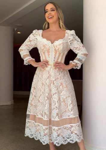 White Overall Lace Sweetheart Collar Long Sleeve Long Tunic Dress