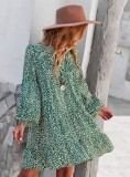 Green Leopard Print Puff Long Sleeve Loose Mini Dress