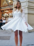 White Overall Lace O-Neck Long Sleeve Midi Wedding Tunic Dress