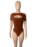 Brown Keyhole O-Neck Short Sleeve Tight Bodysuit