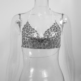 Shiny Silver Leopard Metal Chain Backless NightTube Crop Top