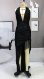 Black Sequins Plunge Neck Sleeveless Halter Irregular Fringe Dress