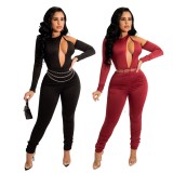 Red Silk O-Neck Cut Out Long Sleeve Ruched Tight Jumpsuit