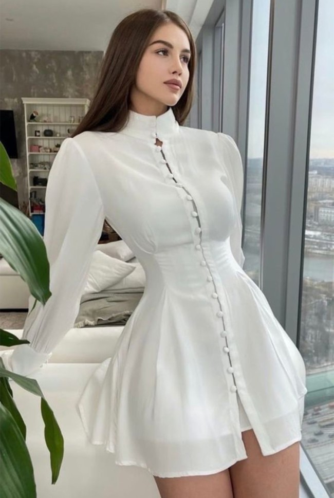 White Button Open High Neck Long Sleeve A-line Mini Blouse Dress