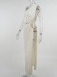 Beige One Shoulder Metal-Ring Cut Out Side Slit Long Dress