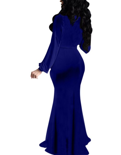 Blue V-Neck Long Sleeve Slinky Mermaid Maxi Dress