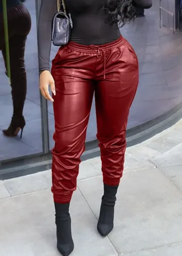 Burgunry Drawstrings Leather Pants with Pocket